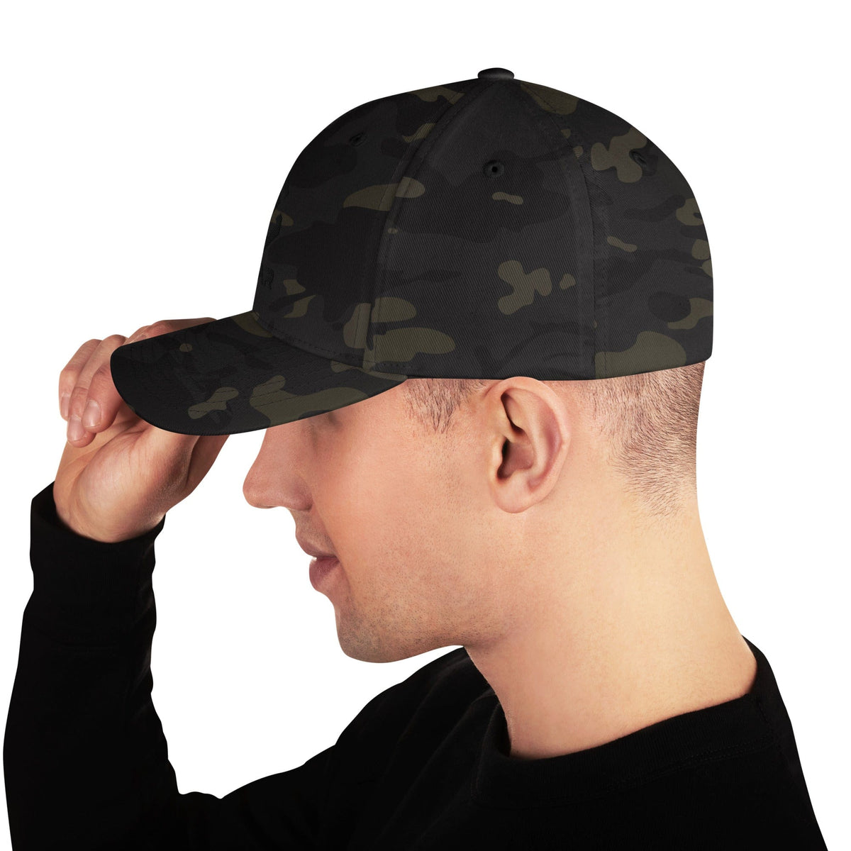 Army camo baseball cap profile view with embroidered SCAR logo on crown