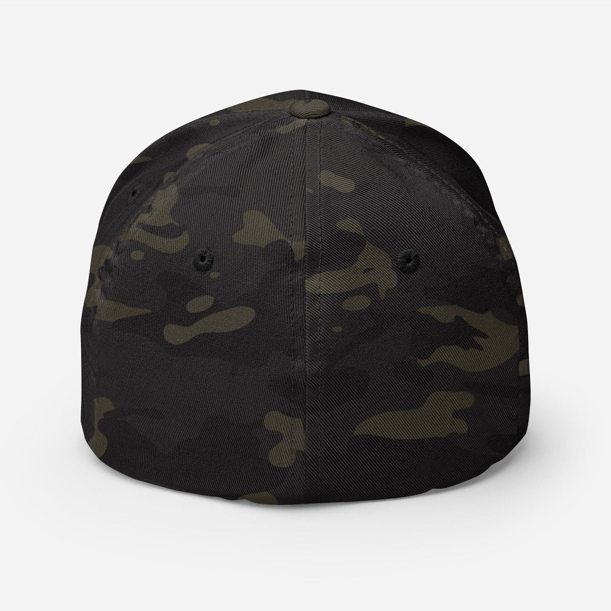 Army camo baseball cap with button top and curved brim, front panels visible