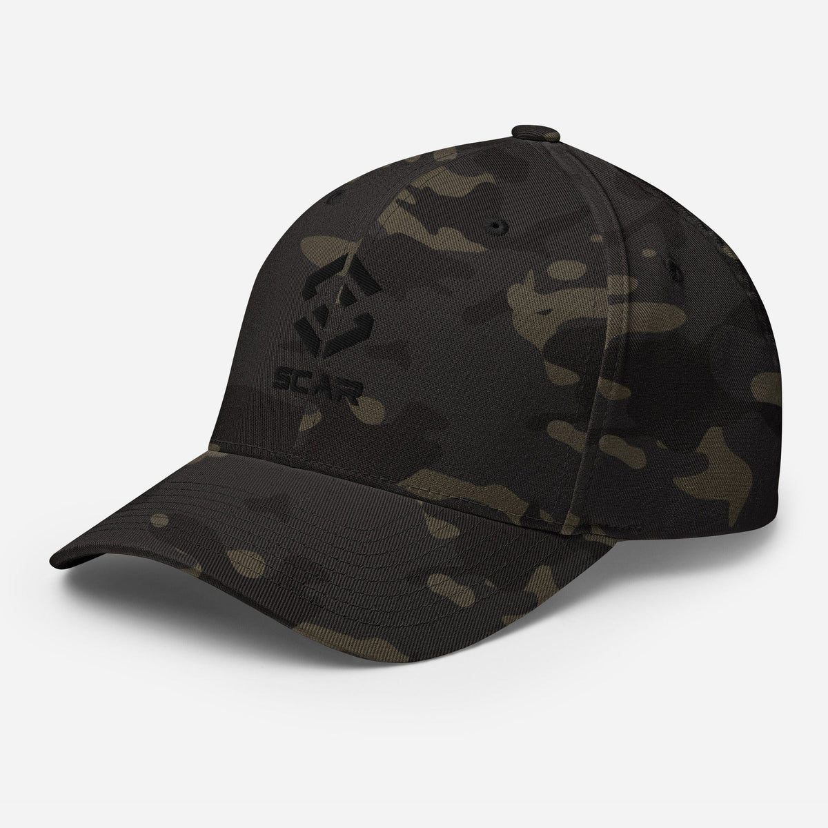Army camo baseball cap with embroidered SCAR logo, angled view