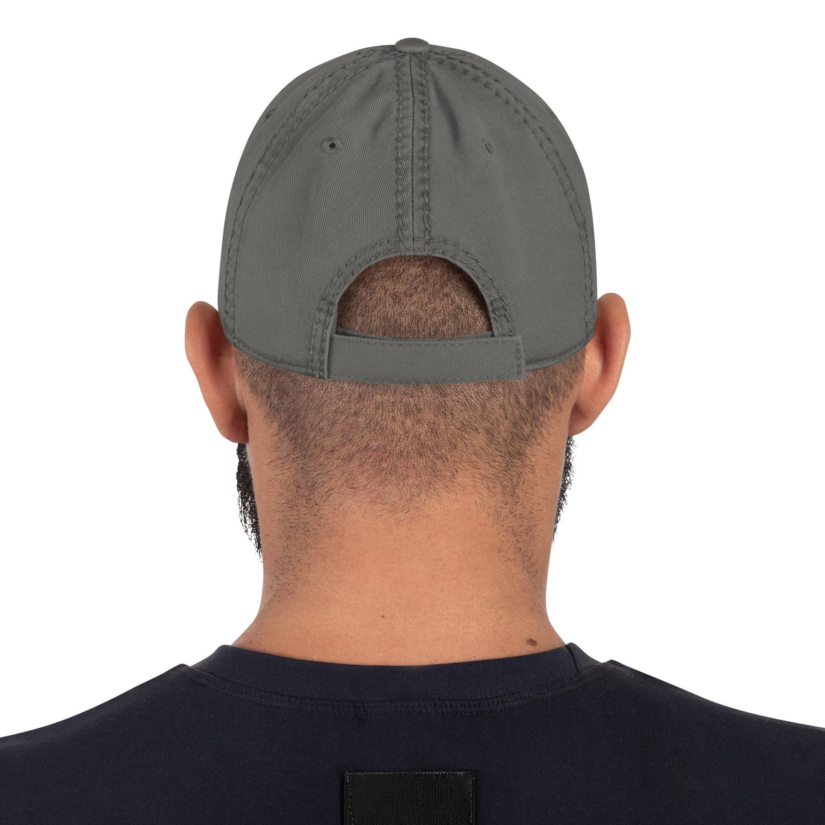 Distressed dad hat in charcoal grey, curved brim and stitched panels