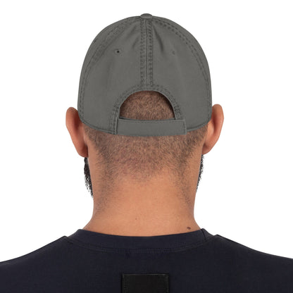 Distressed dad hat in charcoal grey, curved brim and stitched panels