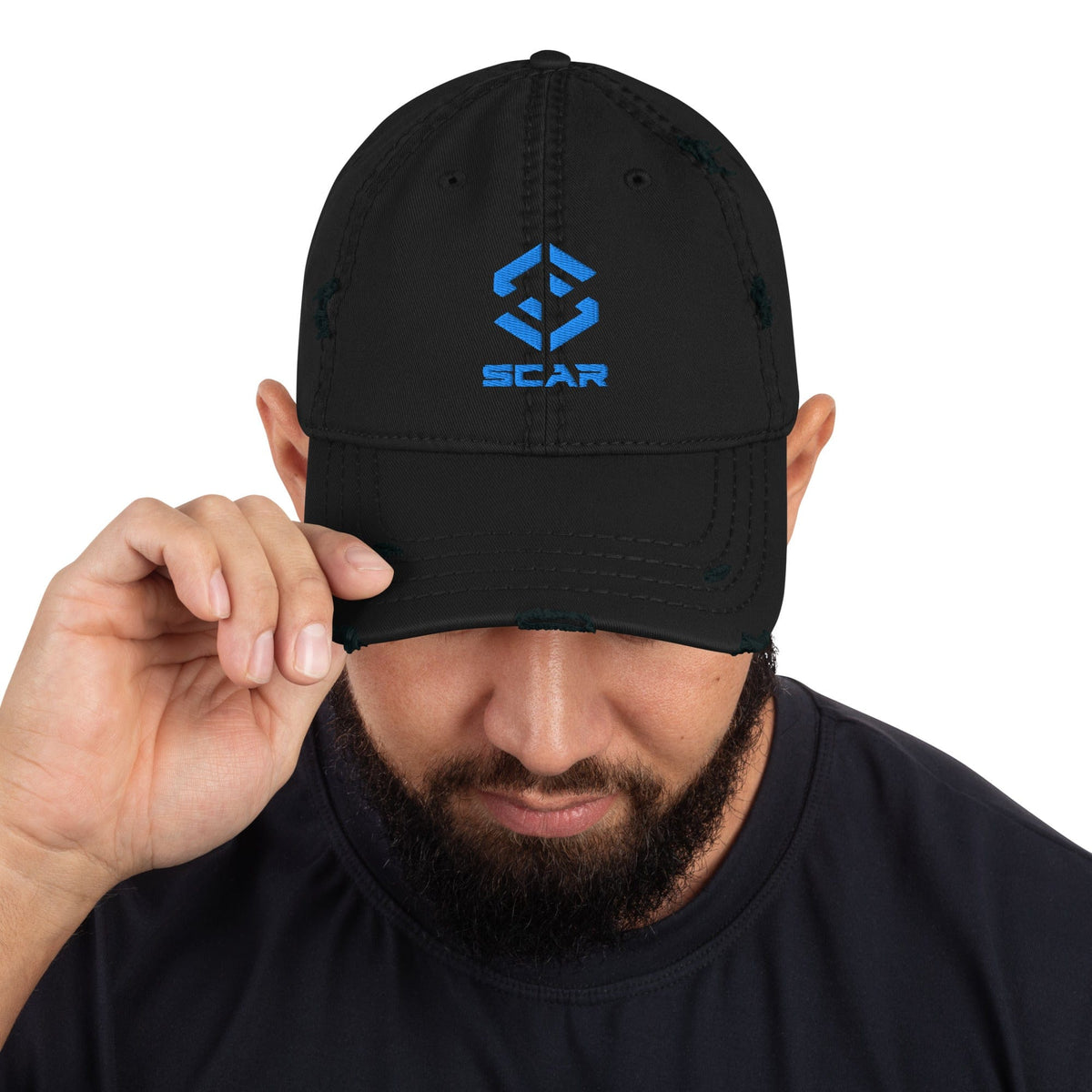 Distressed dad hat with embroidered SCAR logo, black, front view with adjustable strap