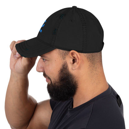 Distressed dad hat with embroidered SCAR logo, black, model wearing side view
