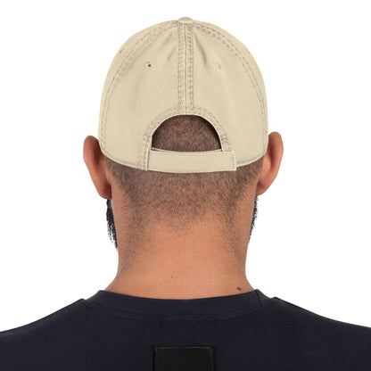 Khaki dad cap with stitched panels and adjustable back strap, rear view