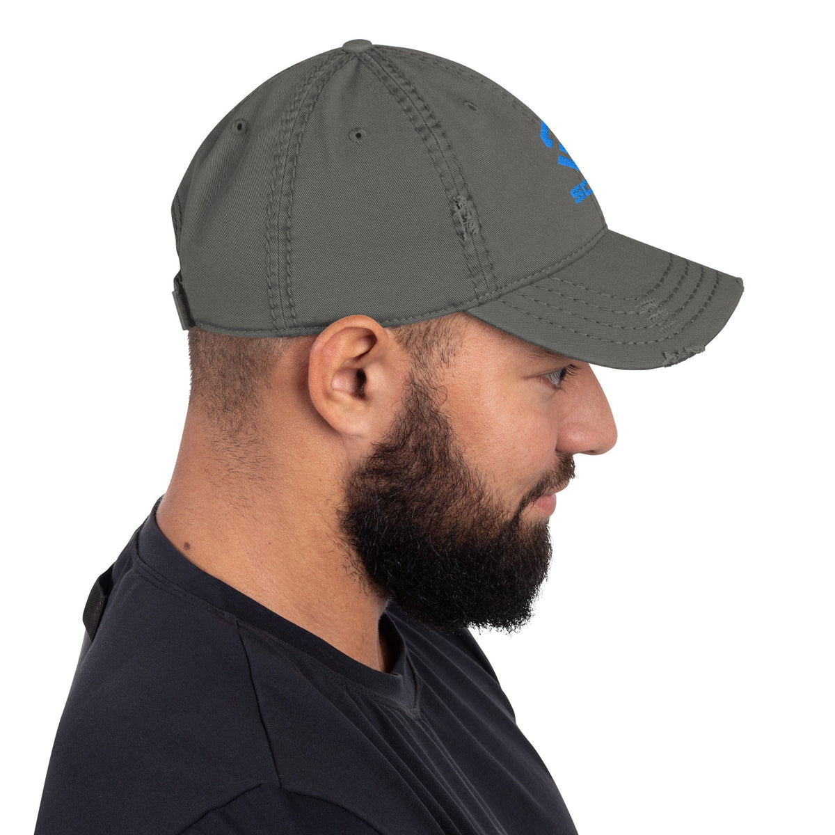 Distressed dad hat in charcoal grey with curved brim and distressed detail