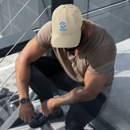 Distressed dad hat with embroidered SCAR logo, khaki, back view on model