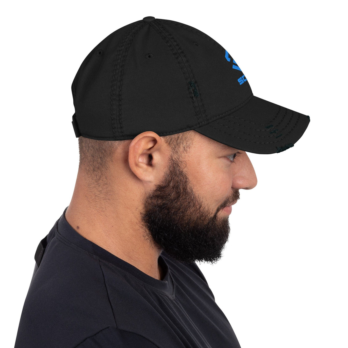 Distressed dad hat with embroidered SCAR logo, black, side profile close-up