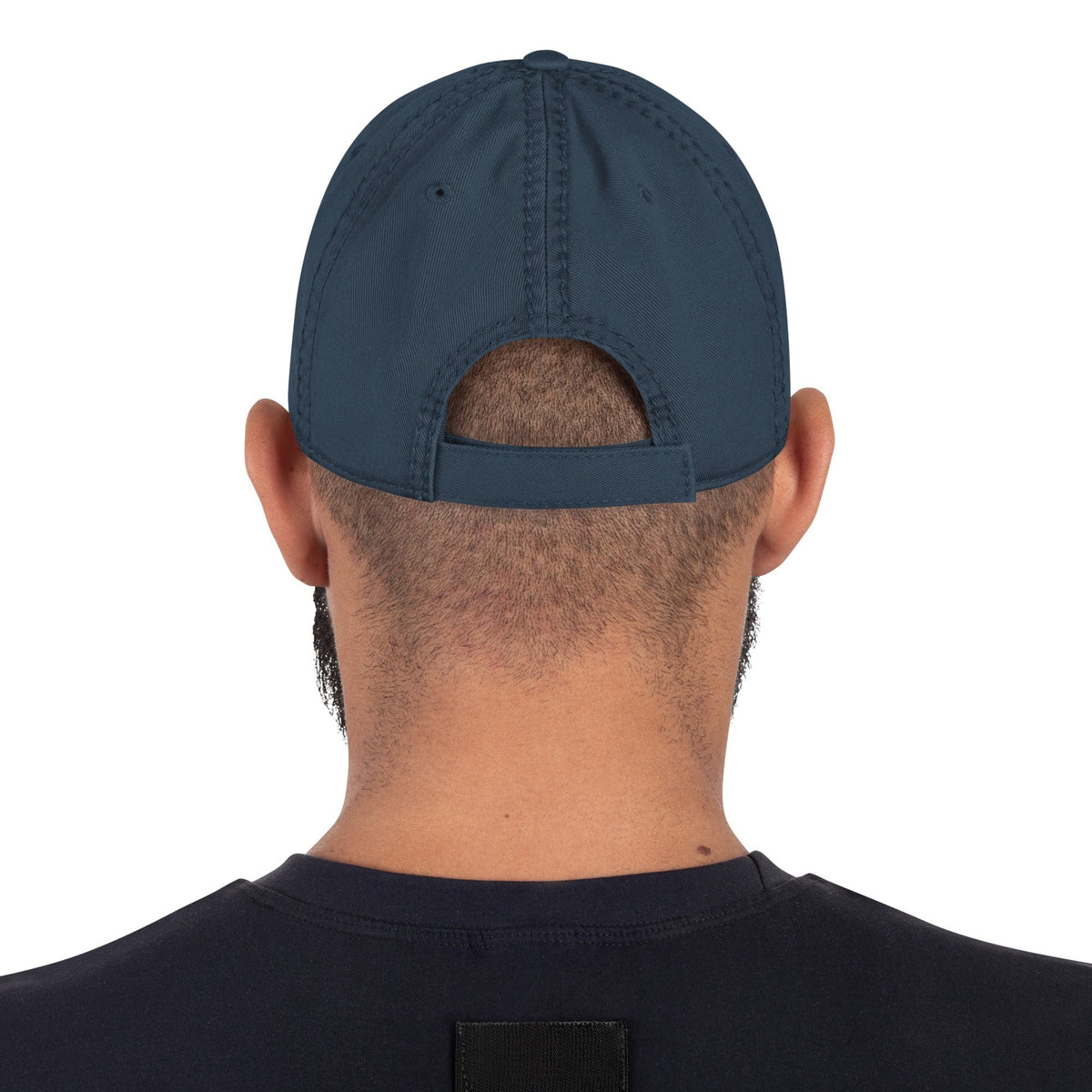 Distressed dad hat in navy, curved brim and stitched panels