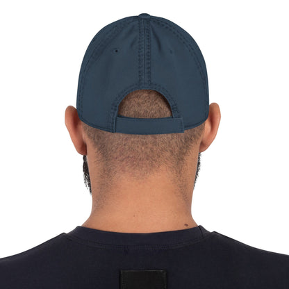 Distressed dad hat in navy, curved brim and stitched panels