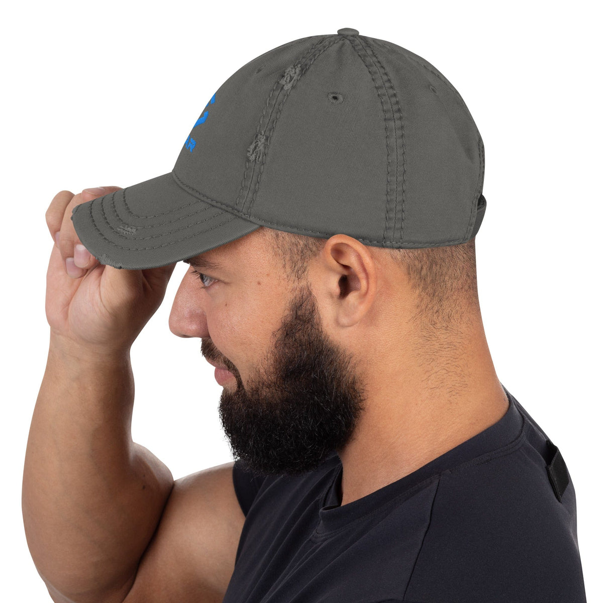 Distressed dad hat in charcoal grey with curved brim and stitched crown
