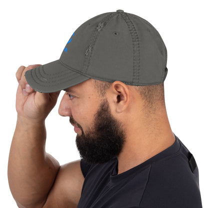 Distressed dad hat in charcoal grey with curved brim and stitched crown