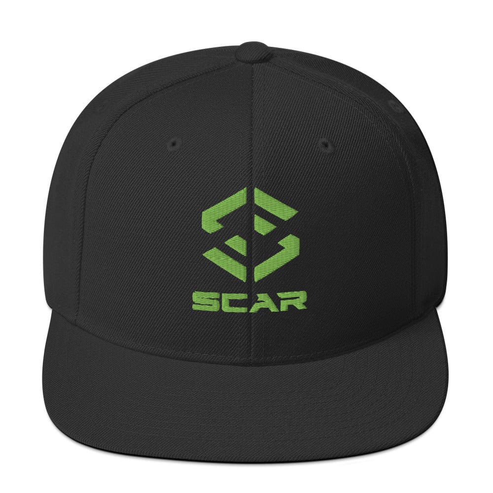 Black snapback cap with green embroidered logo and subtle dark eyelet details