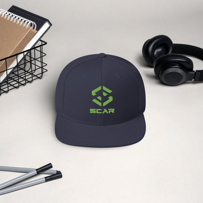 Logo snapback hat in dark navy with embroidered SCAR graphic on the front panel