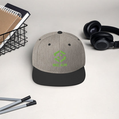 Logo snapback hat in heather gray with dark brim and embroidered SCAR logo