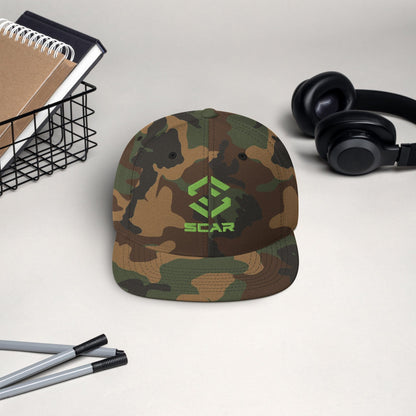 Snapback hat with embroidered SCAR logo, camouflage fabric crown and black top button.
