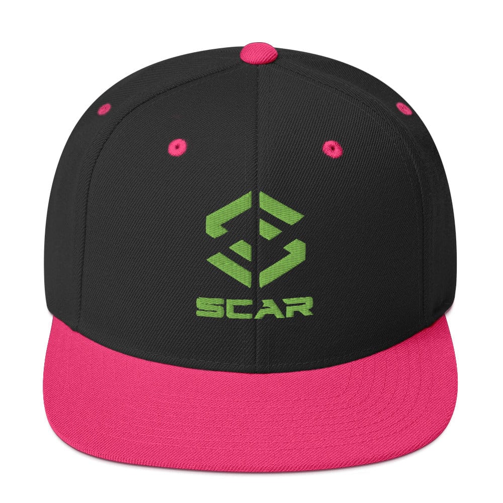 Black and pink snapback cap with green embroidered logo and pink accent eyelets