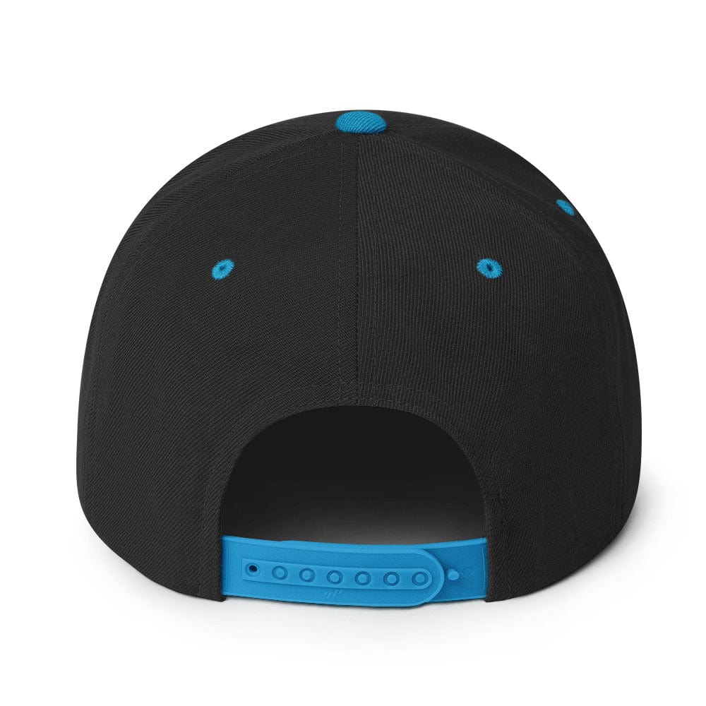 Black snapback hat with teal eyelets and teal adjustable strap at the back.
