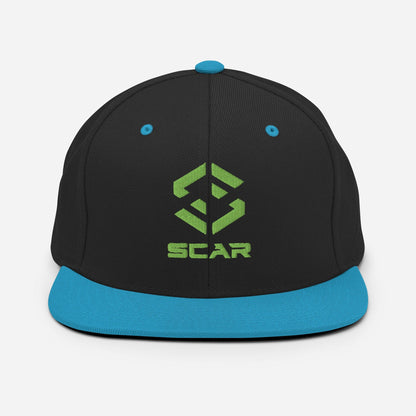Black snapback hat with teal brim and green SCAR logo embroidery on the front.