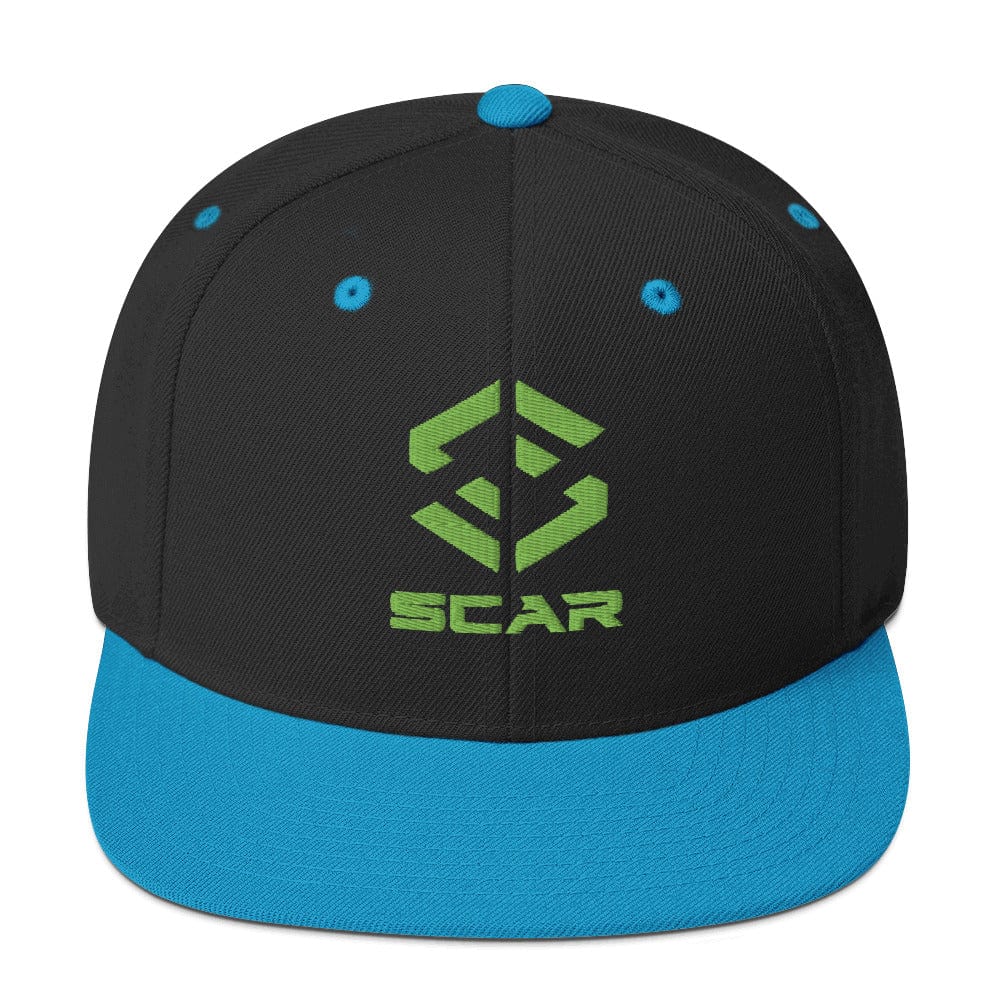 Black and blue snapback cap with green embroidered logo and blue accent eyelets