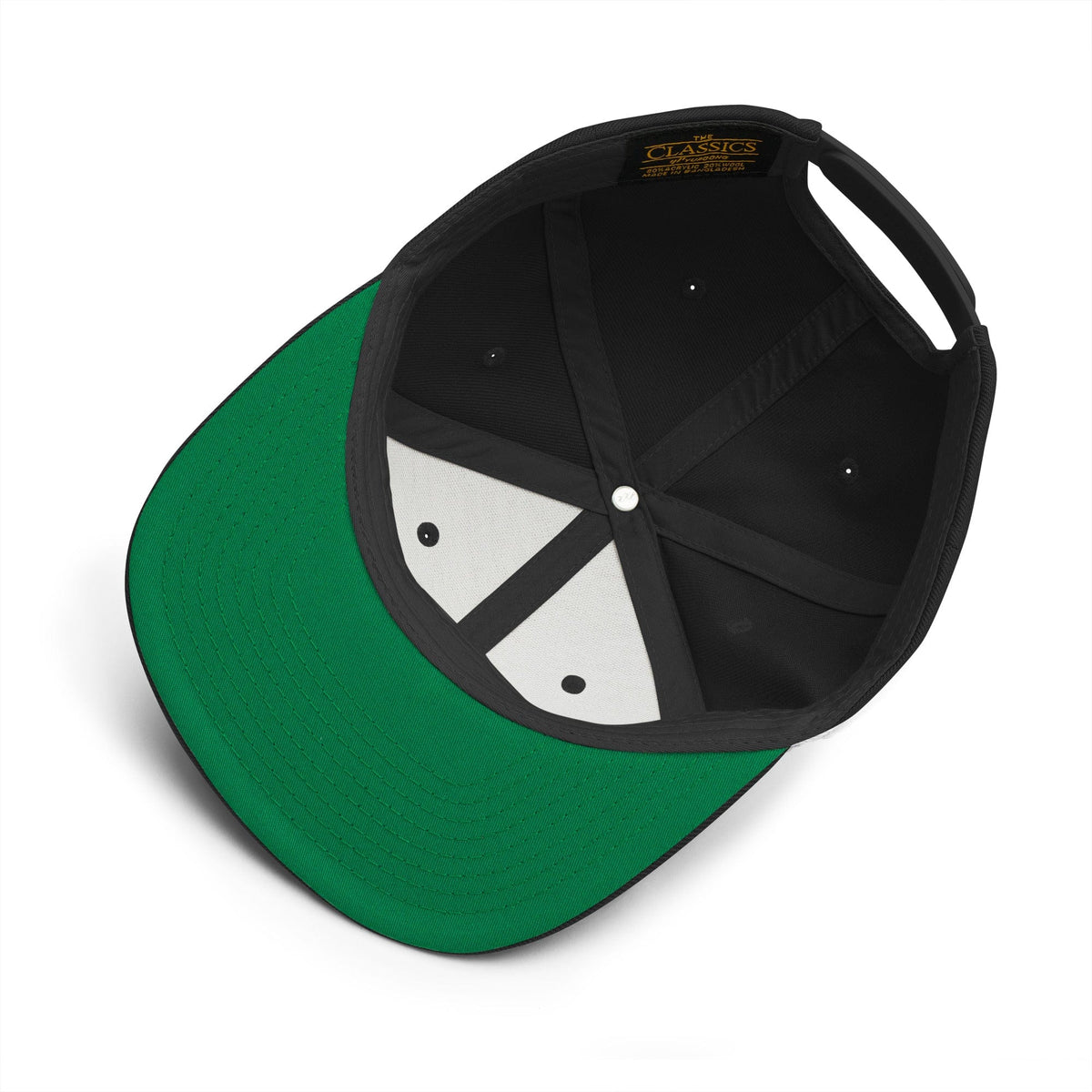 Two-tone snapback hat with black panels, green brim, and white detail spokes.