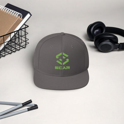 Logo snapback hat in dark gray with embroidered SCAR graphic on the front panel