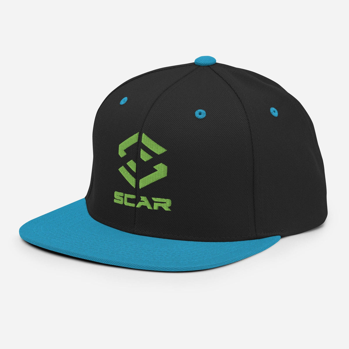 Black snapback hat with teal brim, green SCAR logo embroidery, and teal eyelets.