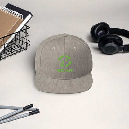 Snapback hat with embroidered SCAR logo, heather gray crown and matching brim.