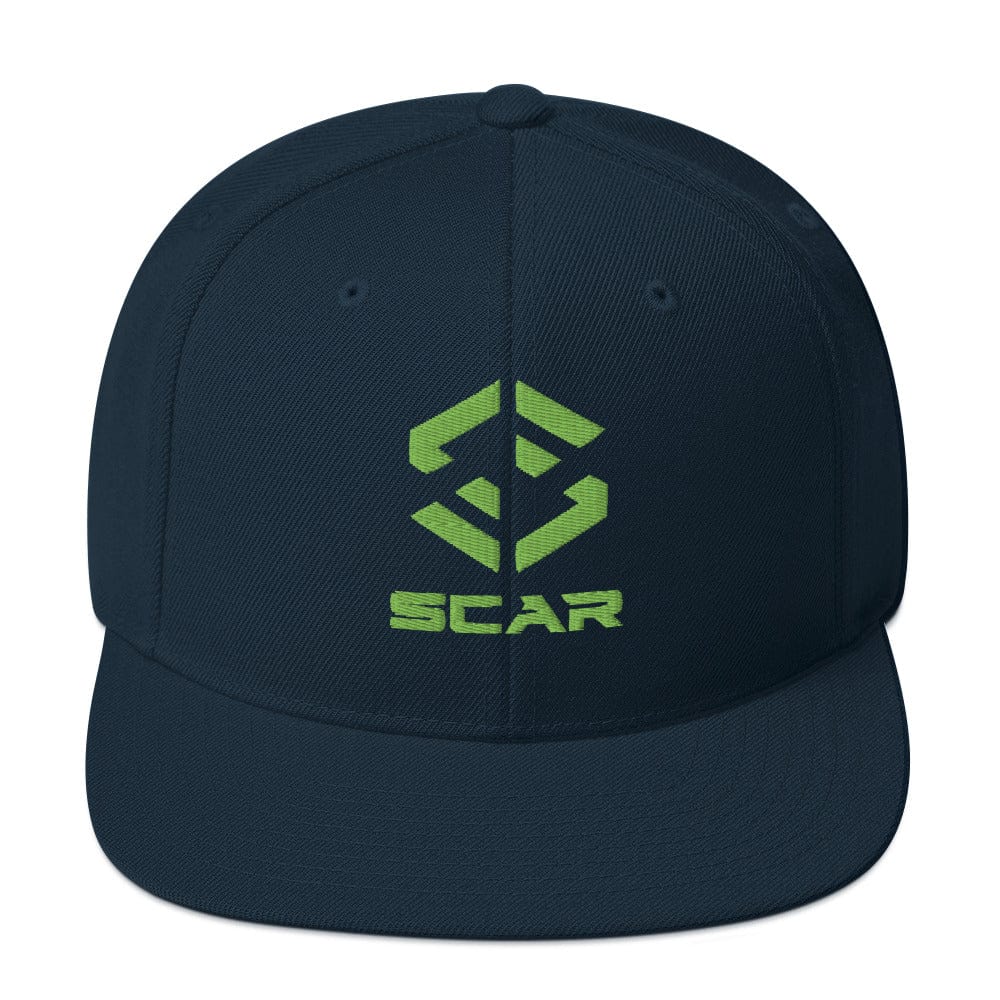Dark navy snapback cap with green embroidered logo and matching navy button
