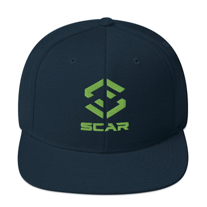 Dark navy snapback cap with green embroidered logo and matching navy button