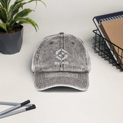 Vintage cotton twill cap in charcoal grey, embroidered logo on front