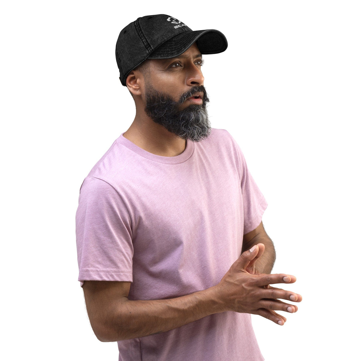 Black vintage cotton twill cap with embroidered STAR logo, worn by a man