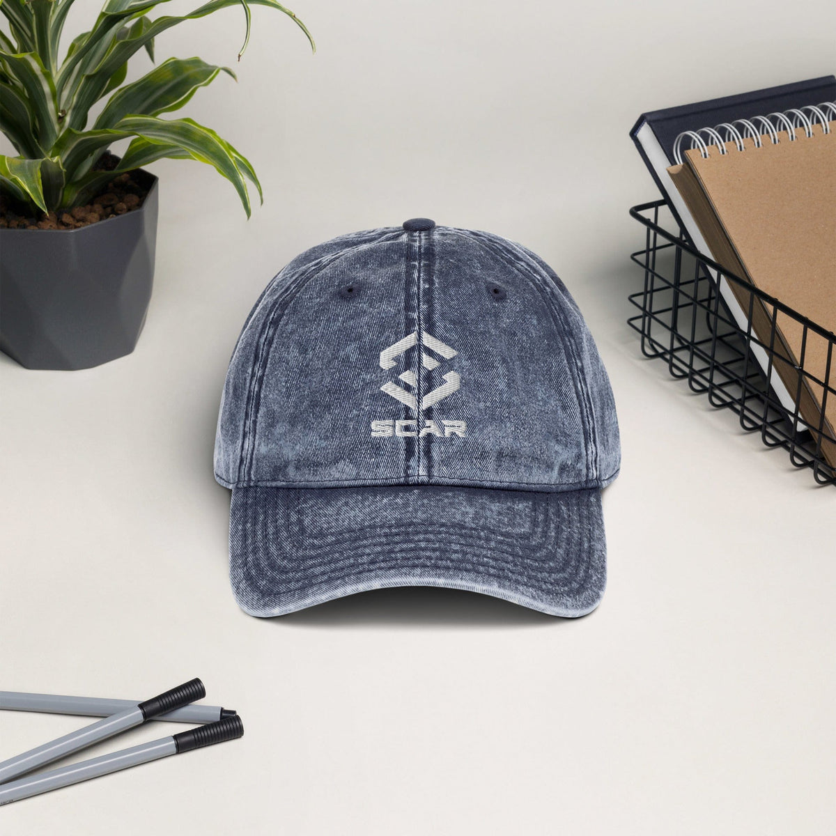 Vintage cotton twill cap in blue, embroidered logo on front