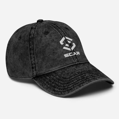 Black vintage cotton twill cap with embroidered logo and curved brim