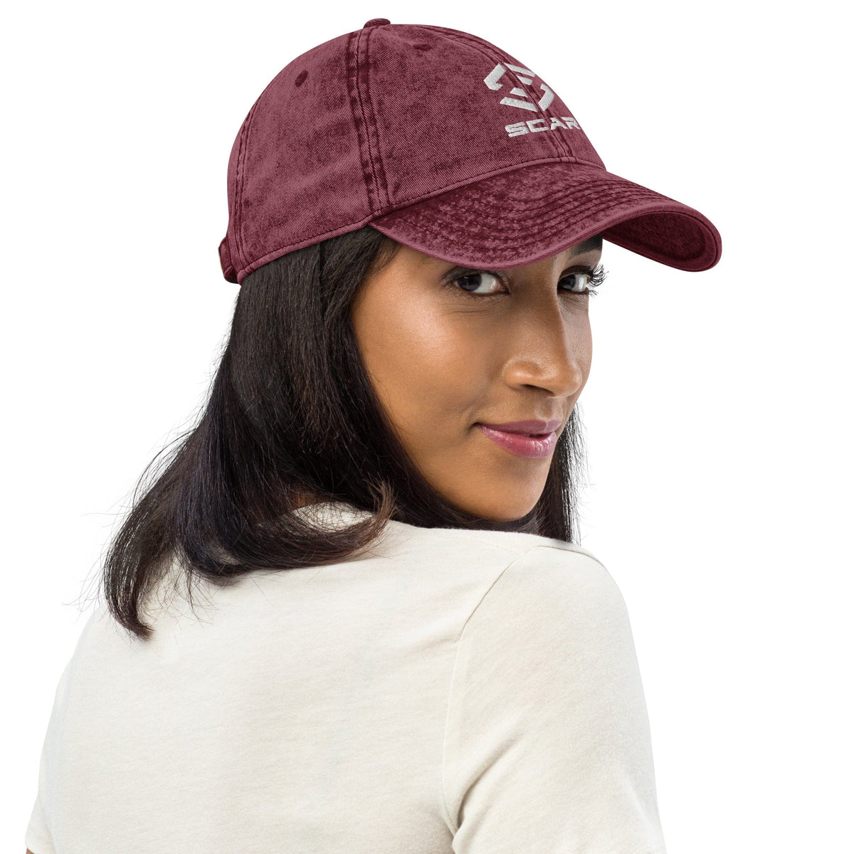 Maroon vintage cotton twill cap with embroidered STAR logo, angled front view