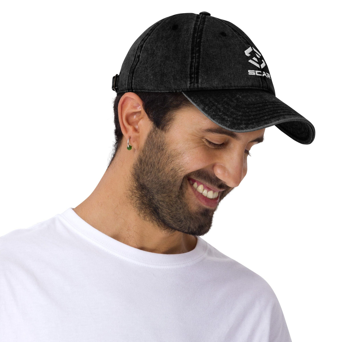Black vintage cotton twill cap with embroidered STAR logo on the front panel