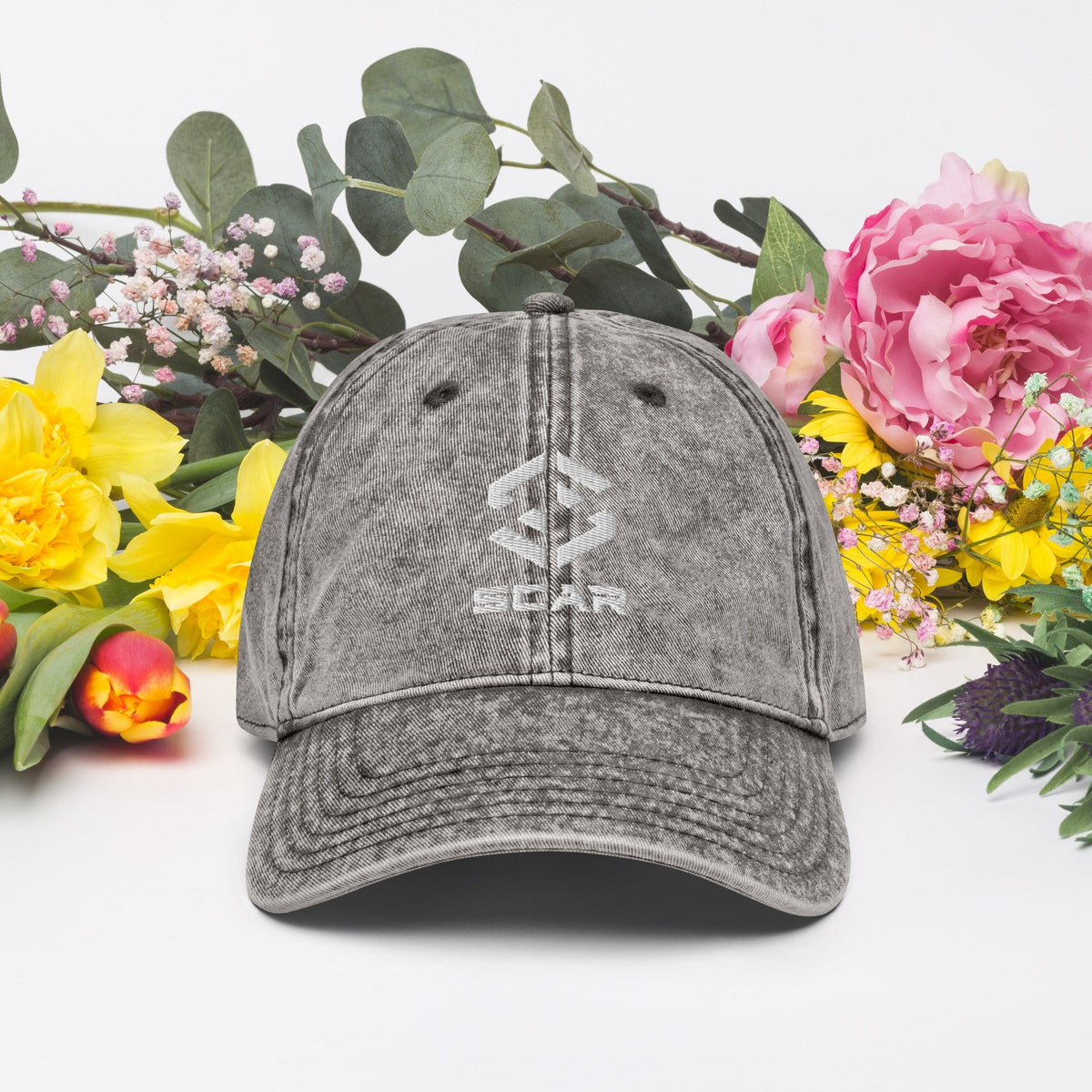 Charcoal grey vintage cotton twill cap with embroidered logo and curved brim