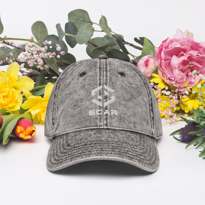Charcoal grey vintage cotton twill cap with embroidered logo and curved brim