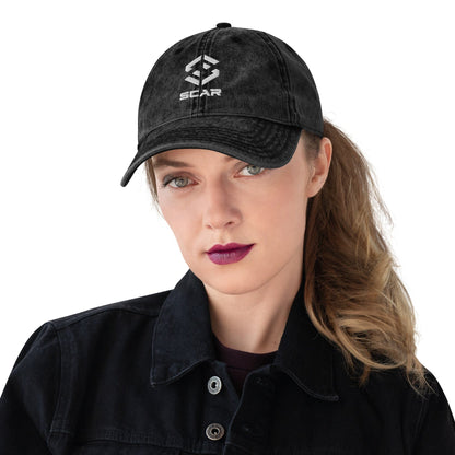 Black vintage cotton twill cap with embroidered front logo on model