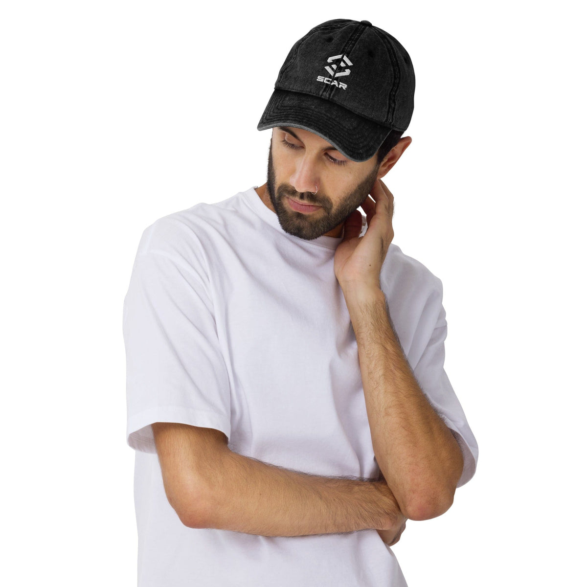 Black vintage cotton twill cap with embroidered front logo worn on model