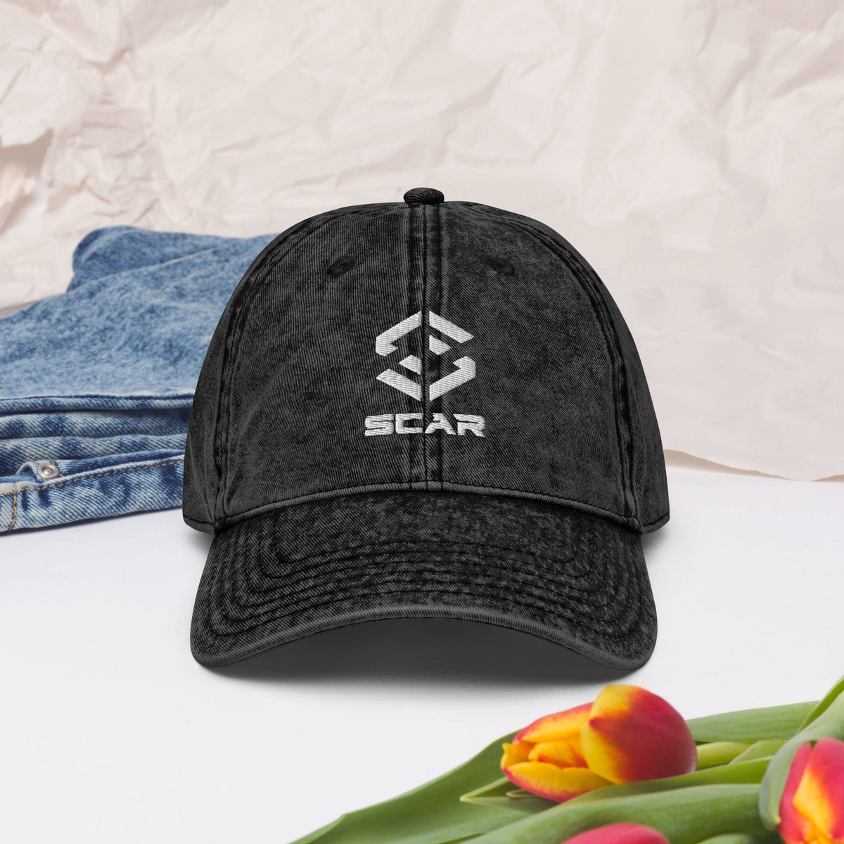 Black vintage cotton twill cap with embroidered STAR logo on the front panel