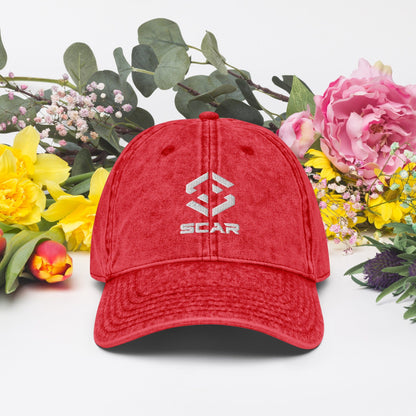 Red vintage cotton twill cap with embroidered logo and curved brim