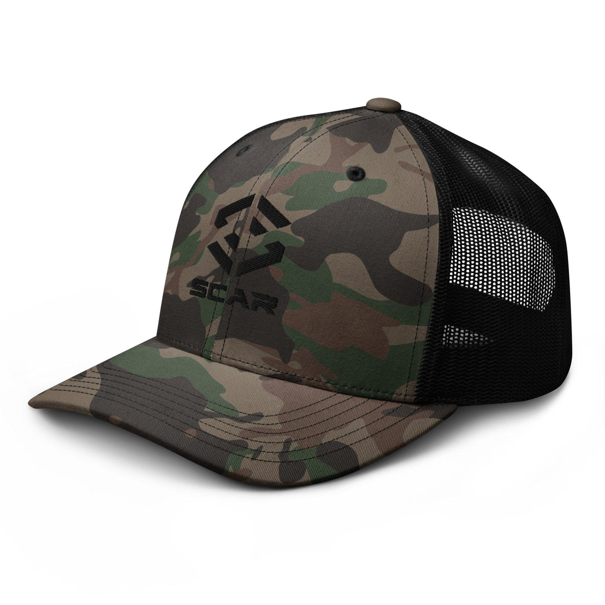 Camo front trucker hat with black mesh side panels and embroidered Scar logo