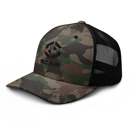 Camo front trucker hat with black mesh side panels and embroidered Scar logo