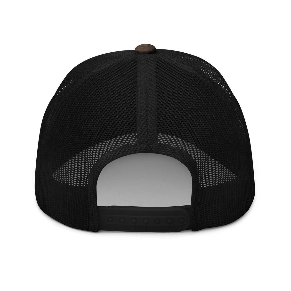 Black mesh trucker hat with brown button top and adjustable plastic snapback