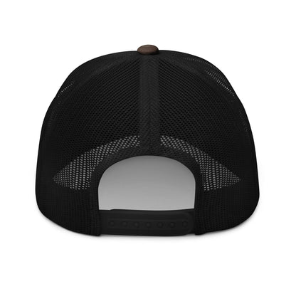 Black mesh trucker hat with brown button top and adjustable plastic snapback