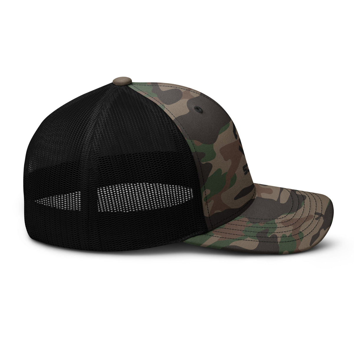 Camo and black trucker hat with curved brim and breathable mesh back