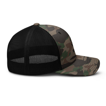 Camo and black trucker hat with curved brim and breathable mesh back
