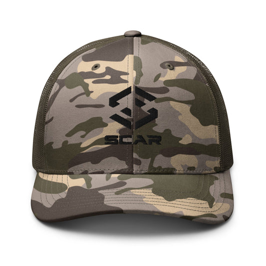 Camouflage trucker hat with embroidered Scar logo on front panel, adjustable snapback
