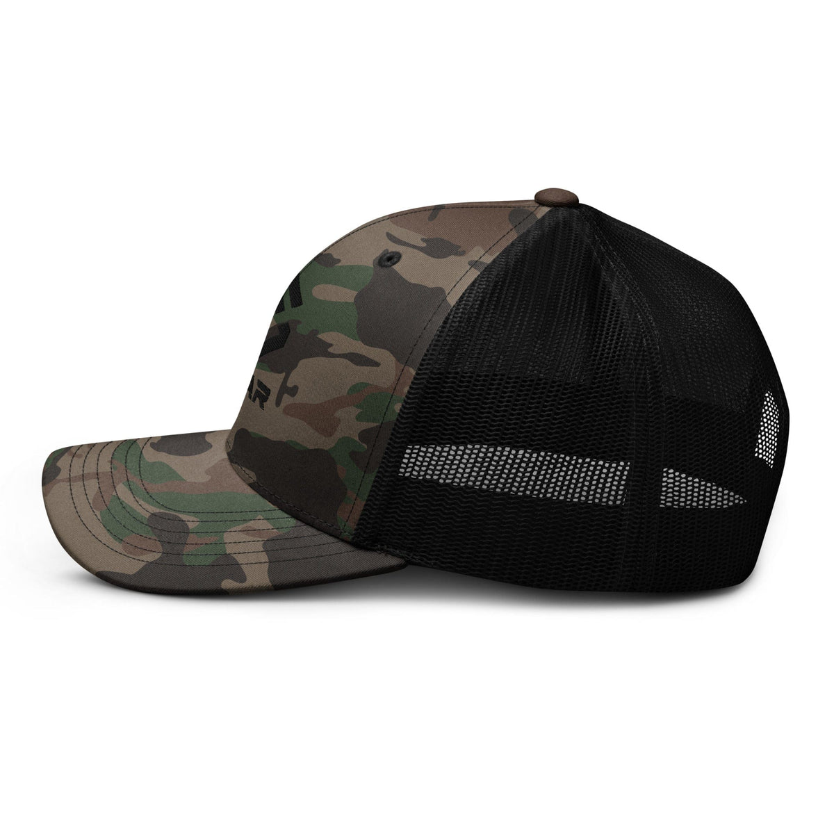 Camo front trucker hat with black mesh back and adjustable snapback