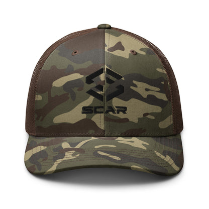 Camouflage trucker hat with embroidered Scar logo on front panel, adjustable snapback